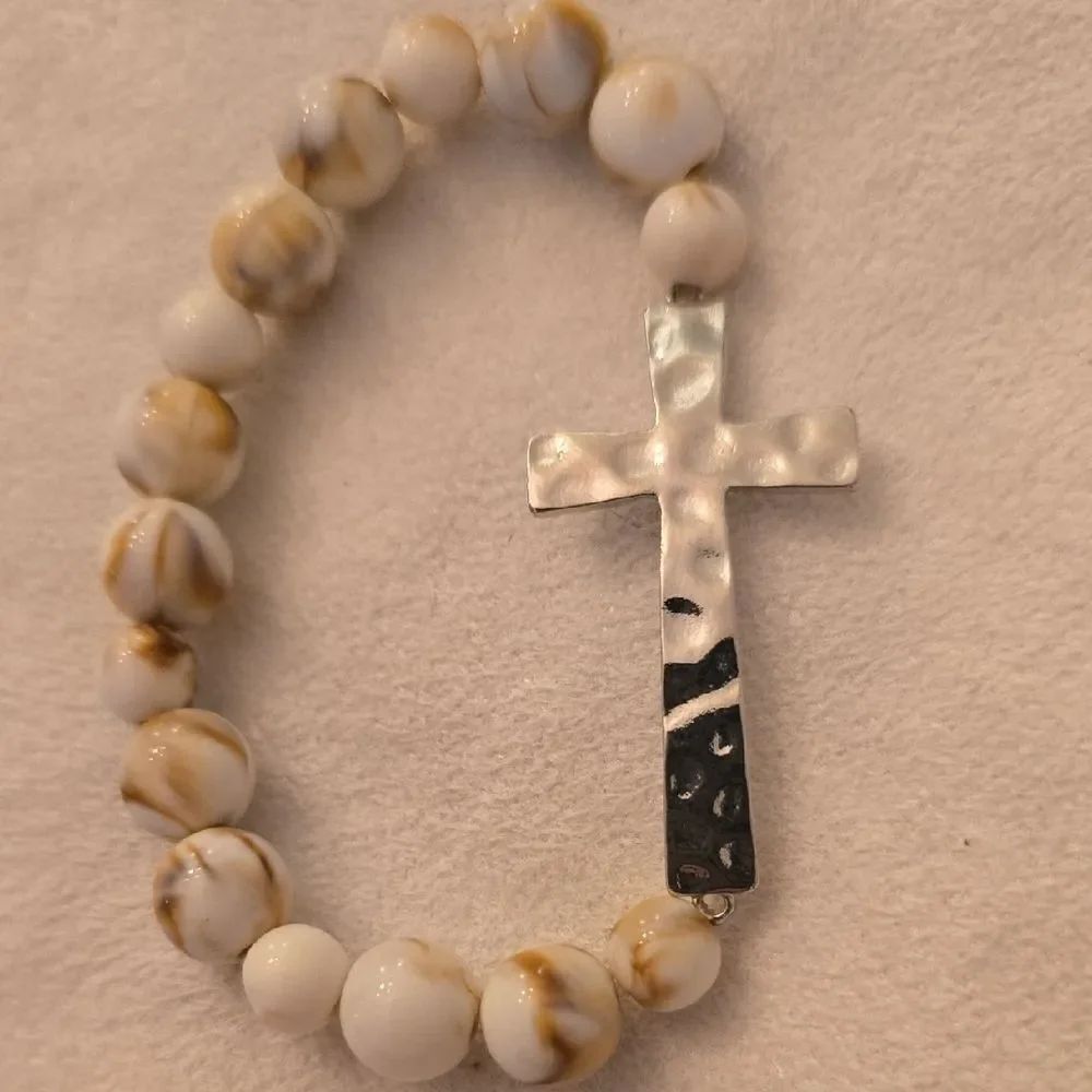 White and Brown Beaded Bracelet with Silver Cross